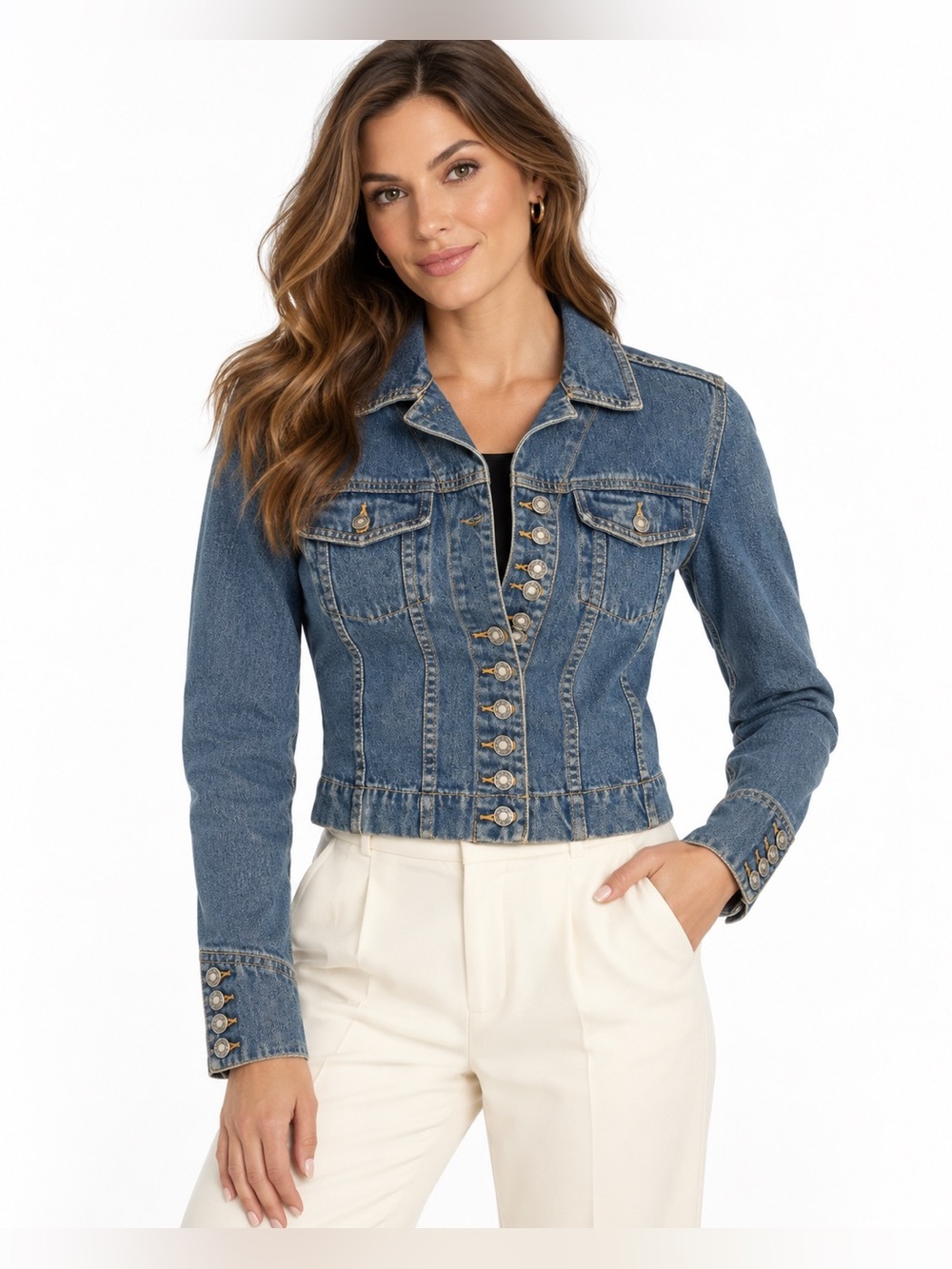 Boston Proper Y2K Cropped Fitted Denim Jacket Button Cuffs Size 6